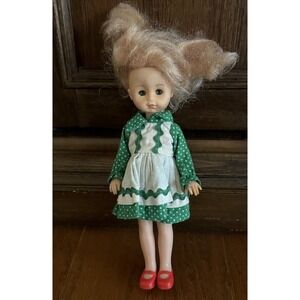 Vintage Vogue Ginny 8" Doll Green Outfit Red Shoes Blue Eyes Blonde Hair 1970's